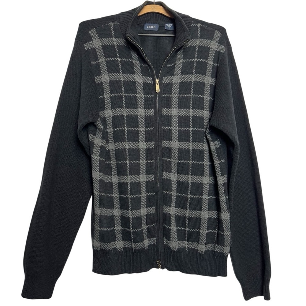 IZOD Men's Zip-Up Sweater Black Gray Plaid Cotton Academia Size Lg